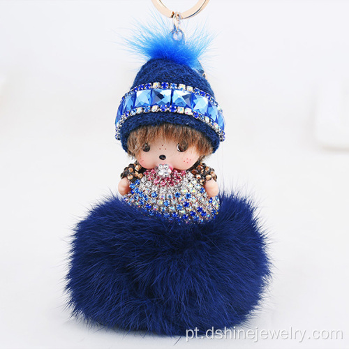 Pele do diamante Monchichi coelho Pom Pom Keychain para saco chave